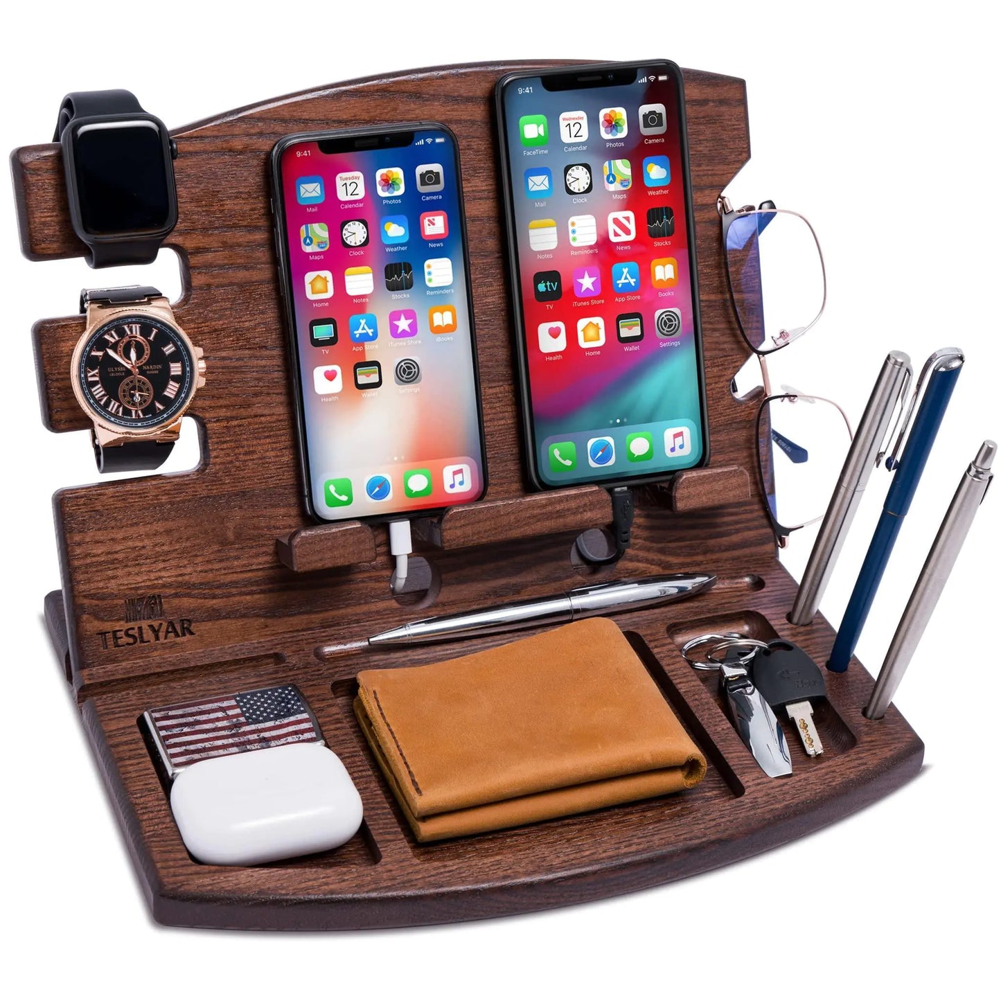 Ash Wood Dual Phone Docking Organizer