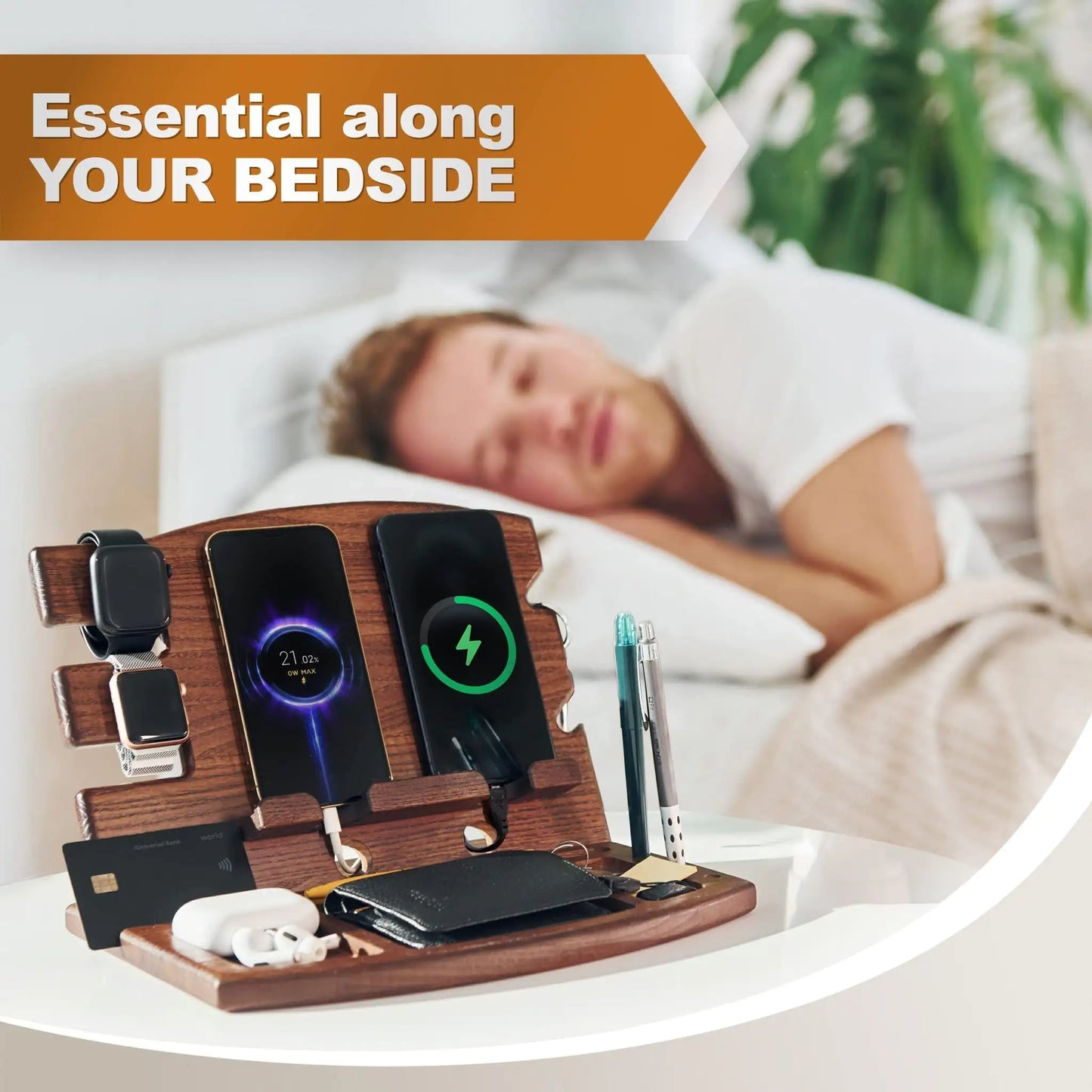 Ash Wood Dual Phone Docking Organizer