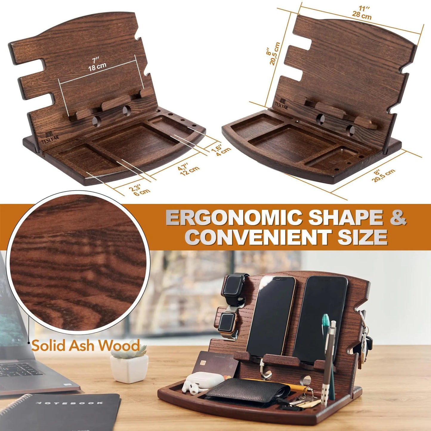 Ash Wood Dual Phone Docking Organizer
